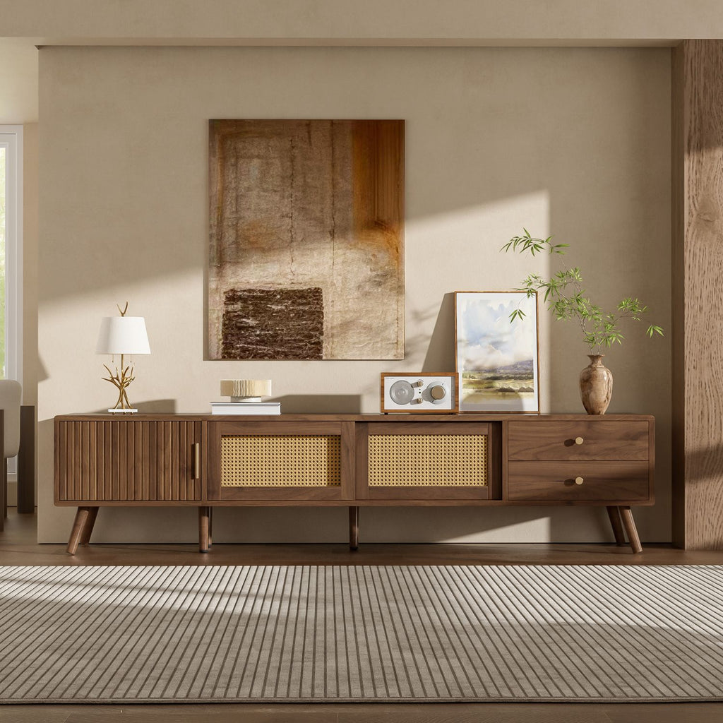 76" Modern Rattan Doors TV Stand for TVs up to 85 Inches, Wood-Grain Entertainment Center with Storage Cabinets, TV Media Console Table for Living Room, Bedroom