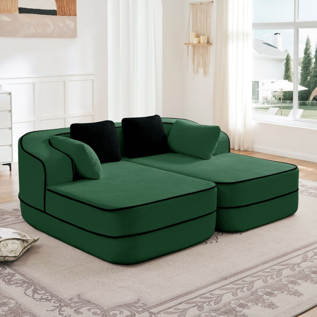77.2" Teddy Fabric No Assembly 32D High Density sponge Boneless Sofa,Fluffy Comfy Couch with double Chaises,Sleeper sofa,Contrast color design,Symmetrical aesthetics,for Living Room,Green