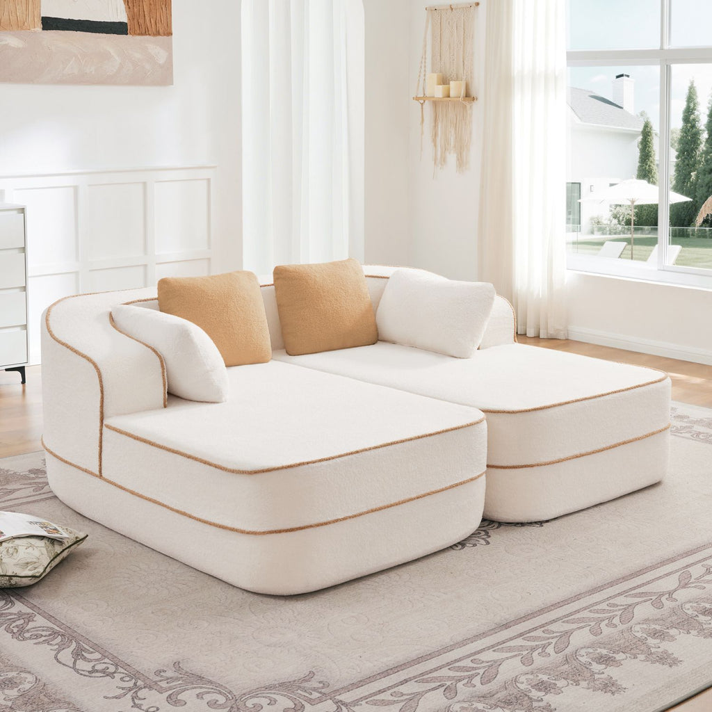 77.2" Teddy Fabric No Assembly 32D High Density sponge Boneless Sofa,Fluffy Comfy Couch with double Chaises,Sleeper sofa,Contrast color design,Symmetrical aesthetics,for Living Room,White