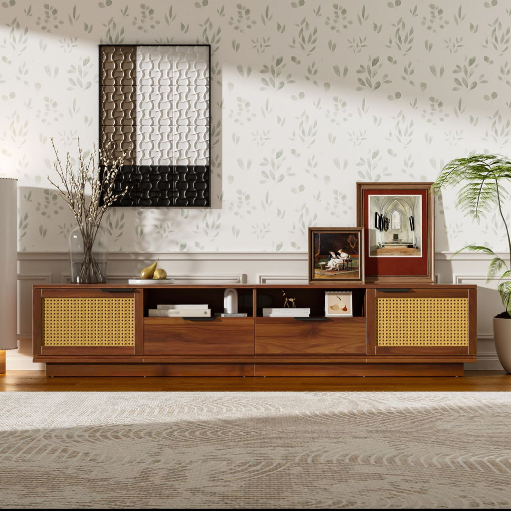 78-Inch TV Stand for TVs up to 85-inch, Media Console with Rattan Front Panels, Two Drawers and Open Shelving for Living Room,Modern Entertainment Center