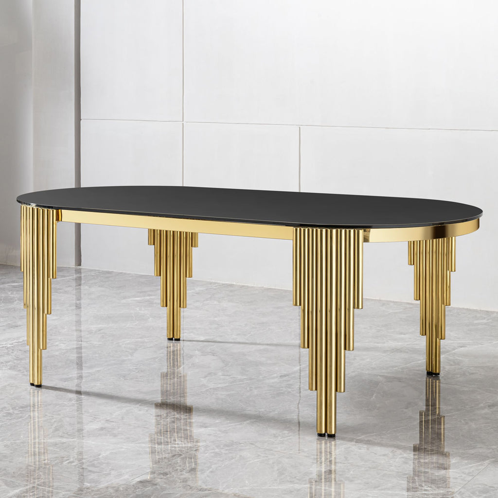 79.53" Black Glass Top oval Dining Table with gold stainless Steel Base for 8 seats - Color: as Pic