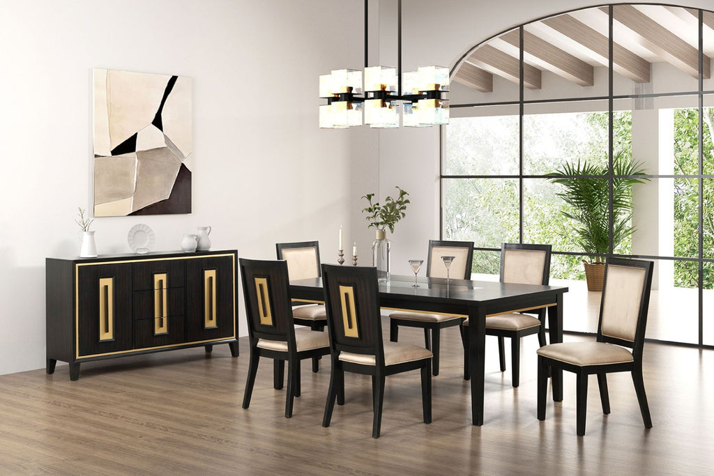 7pc Dining Set Contemporary Espresso Dining Table Glass Insert Top 6x Chairs Wooden Kitchen Dining Room Furniture