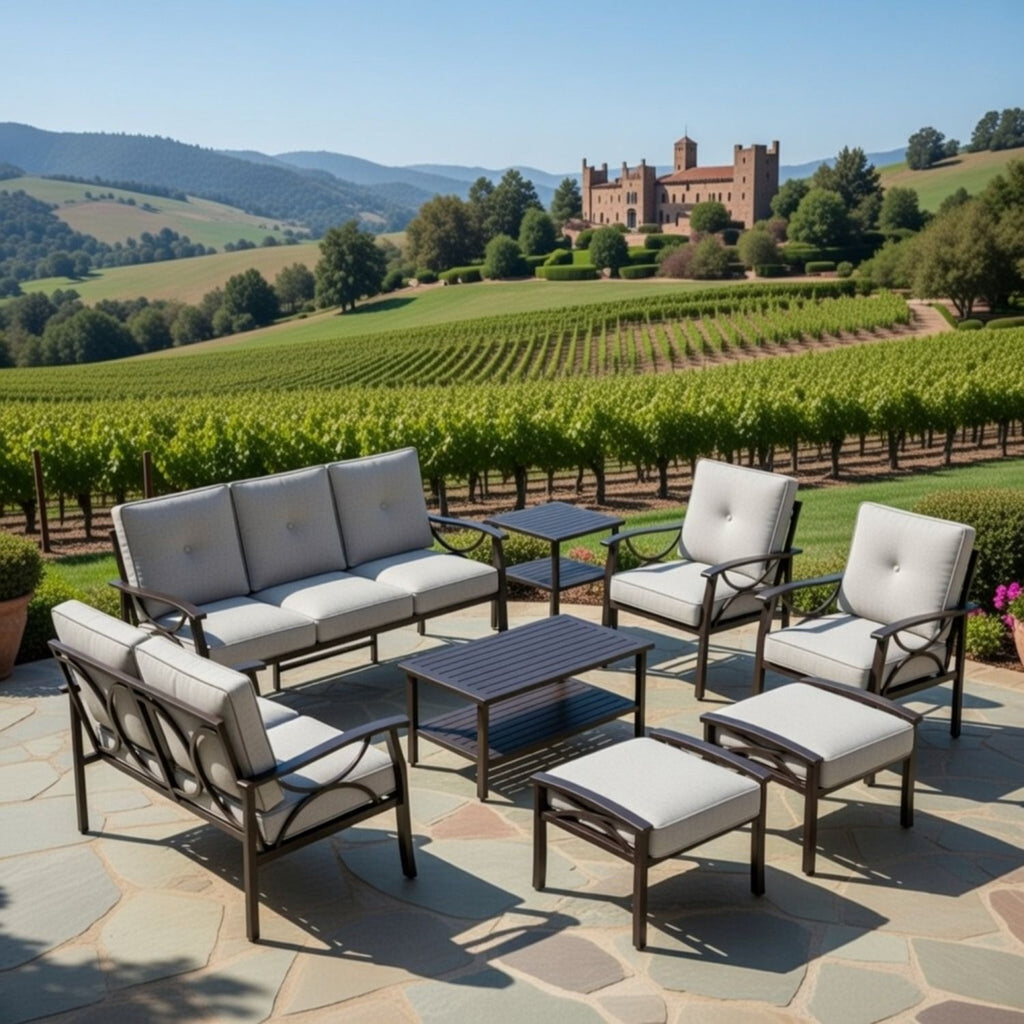 8-Piece Metal Patio Furniture Set, 9-Seat All-Weather Conversation Sofa with 4 Inches Thick Gray Cushions, Black Frame, Coffee Table, Side Table, End Table & Ottomans for Porch Backyard Garden