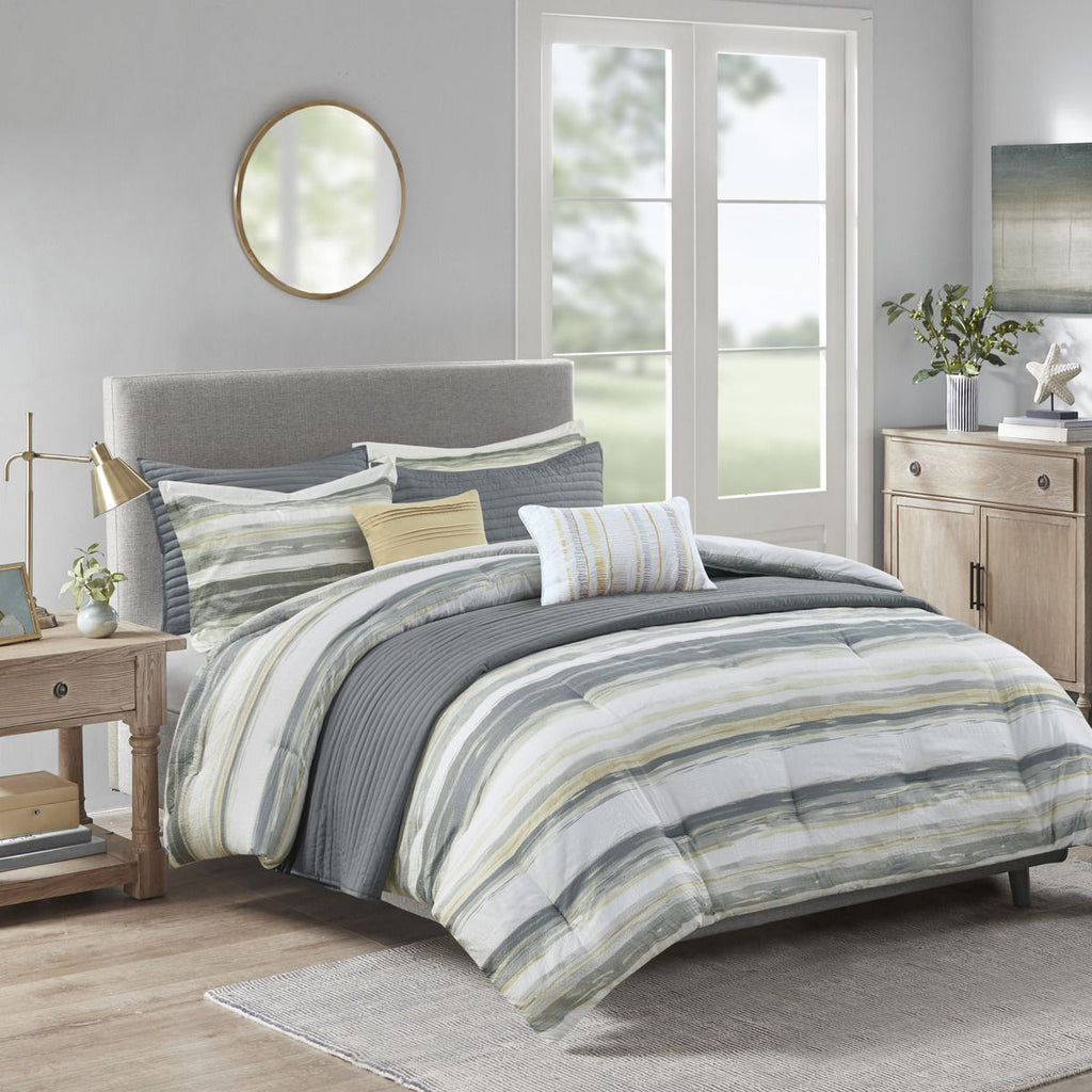 8 Piece Printed Seersucker Comforter and Quilt Set Collection