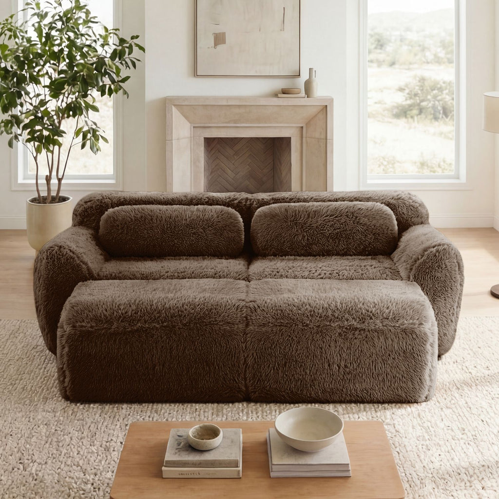 80''Soft Plush Fabric,Boneless Sofa,No Assembly Required,Bottom Anti-Slip Design With Chaise,Deep Seat Design,32D High Density Sponge Free Combination For Study,Chocolate