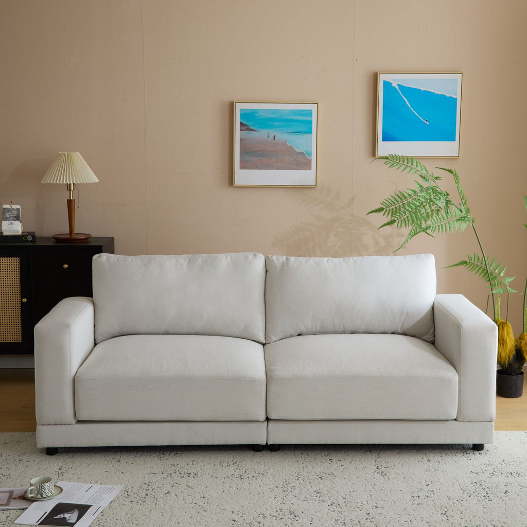 81'' Modern Square Arm Sofa with Soft Fabric Upholstery, Deep Cushions, and Sturdy Wooden Legs in White for Living Room or Bedroom