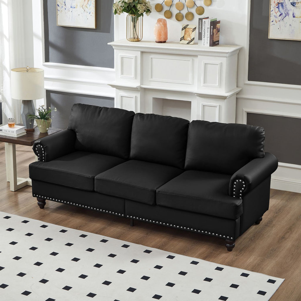 83" Modern Classic Design with Nails Living Room Sofa Leather Couch,Upholstered Imitation Cowhide Leather Black