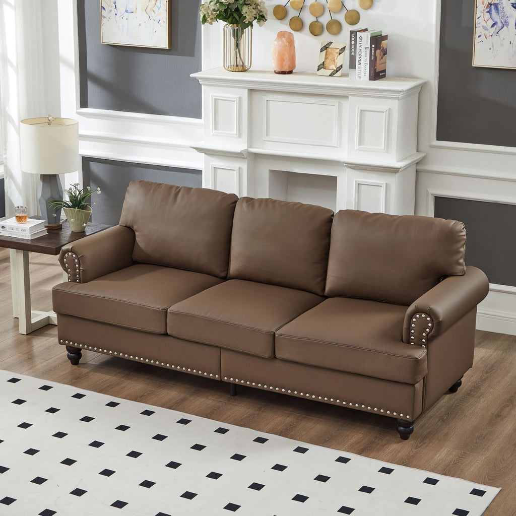 83" Modern Classic Design with Nails Living Room Sofa Leather Couch,Upholstered Imitation Cowhide Leather Brown
