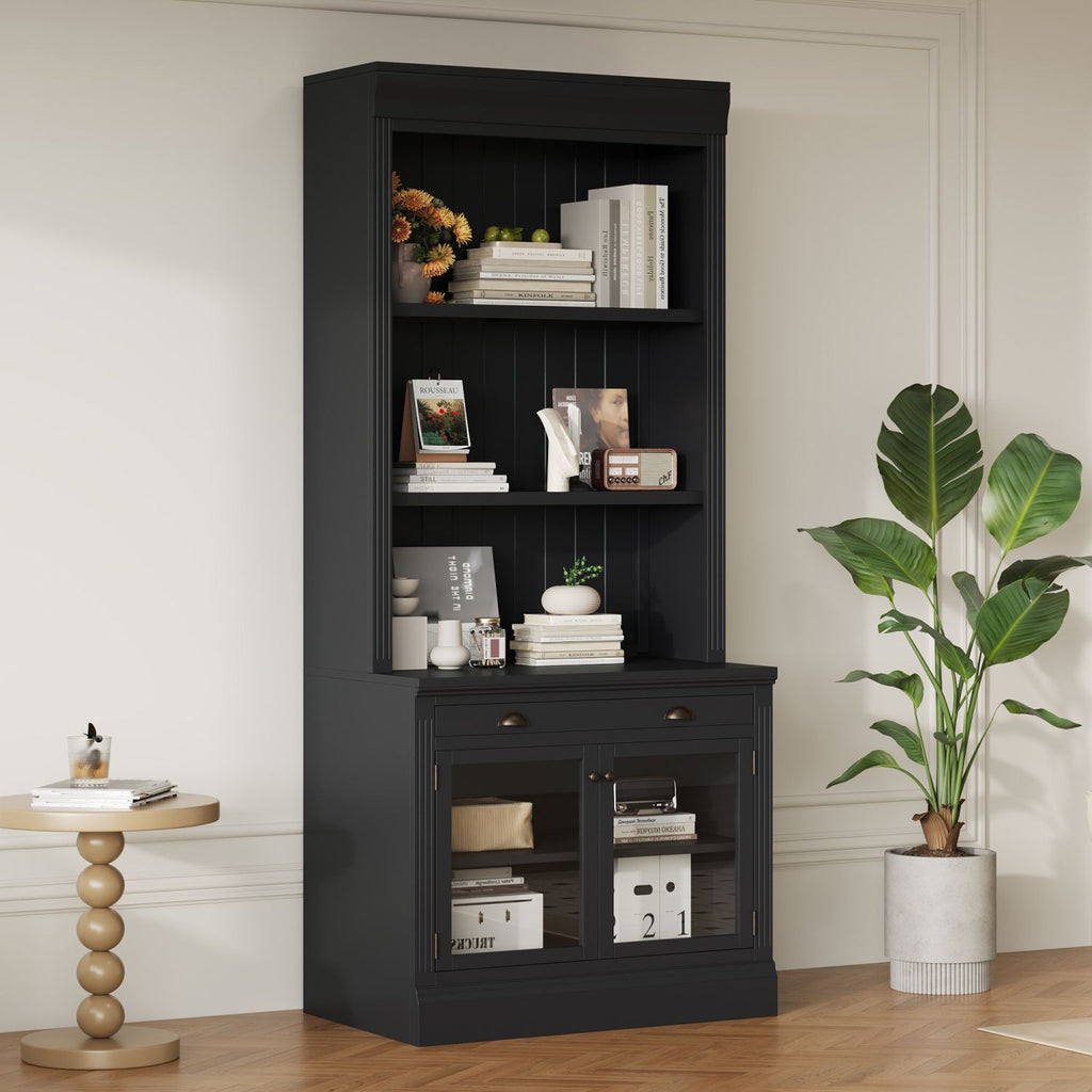 83.4"Tall Bookshelf, Modern Bookcase with 2 Glass Doors and 1 Drawer,Storage Bookcase with Open Shelves for Living Room,Home Office,Black