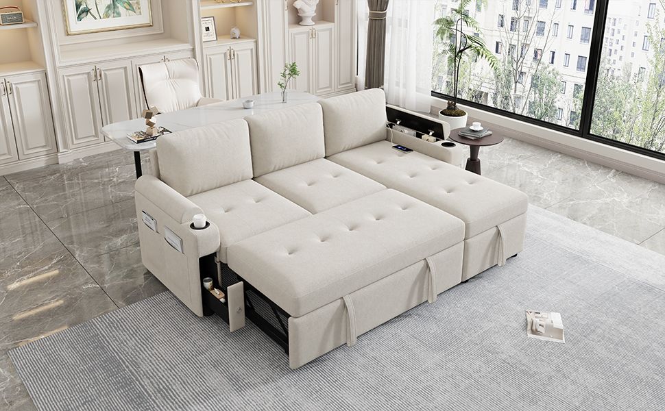 83.5" L-shaped Sofa Couch Convertible Sofa Bed Sectional Sofa with Ample Storage Space, Two Cup Holders and Two USB Ports for Living Room, Beige