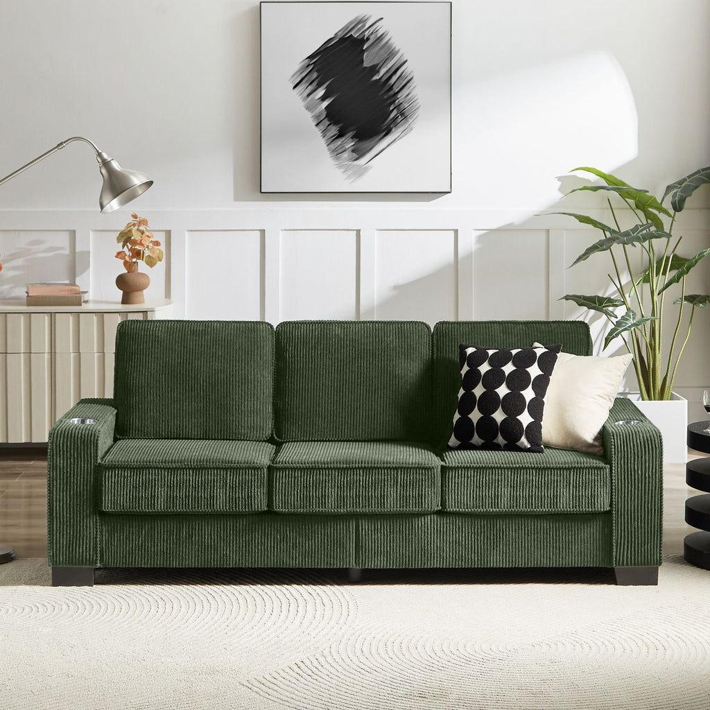 83.86"Corduroy Fabric sofa,Modern Compressed Couch,3-Seater Sofa, Furniture for Living Room,Bedroom,office ,Green