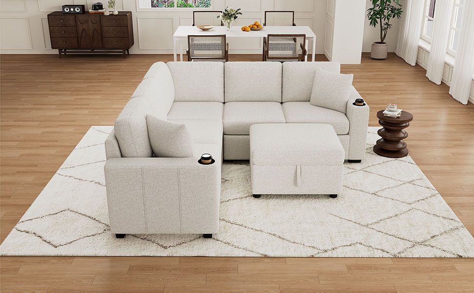 84.7" Sectional Sofa Convertible Pull-out Sofa Bed L-shaped Sofa U-shaped Sofa with a Movable Storage Ottoman for Living Room, Beige