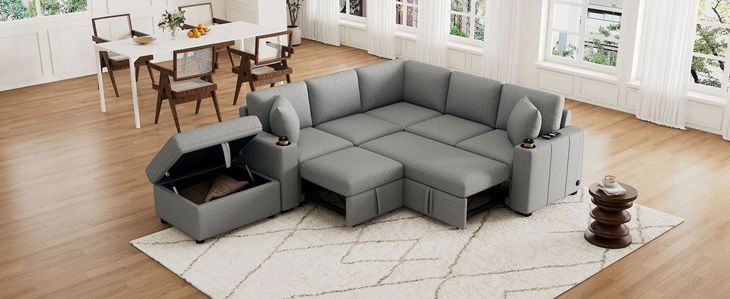 84.7" Sectional Sofa Convertible Pull-out Sofa Bed L-shaped Sofa U-shaped Sofa with a Movable Storage Ottoman for Living Room, Gray