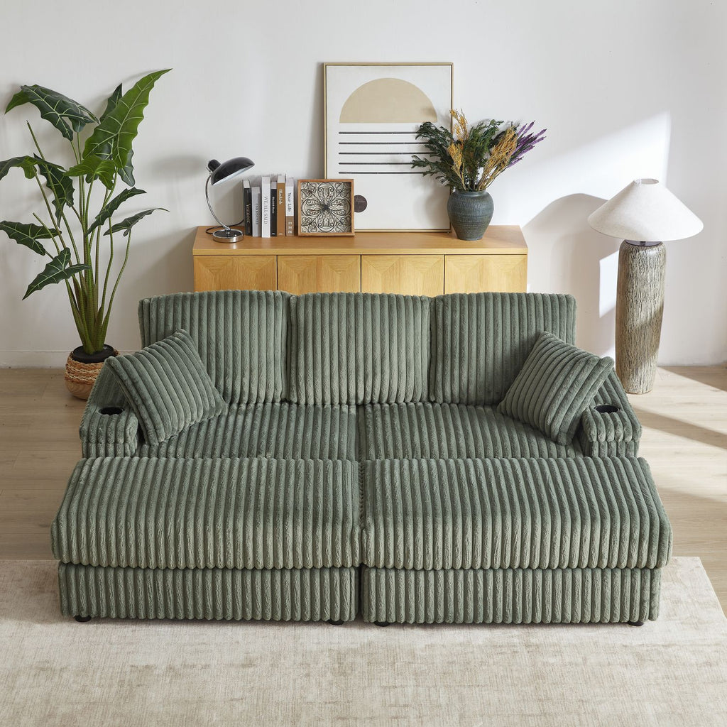 84Inch Corduroy 3-seater sofa With 3 back pillows ,2 toss pillows , 2 ottoman ,2storage spaces and cup-holding grooves Comfy Sofa- Deep Seat Couch for Living Room