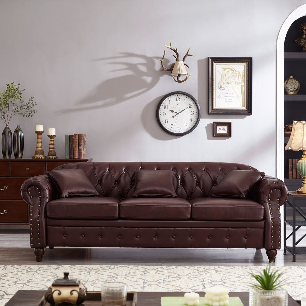 85.8" Living Room Chesterfield Sofa Classic Tufted Design Faux Leather PU Upholstered Sofa with Storage (Burgundy)