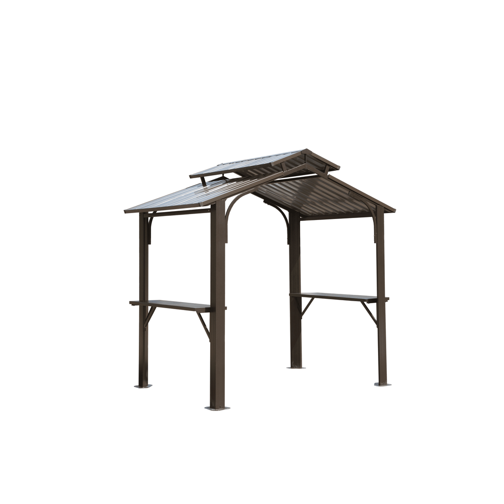 8×5FT Hardtop Grill Gazebo, Outdoor BBQ Gazebo w/Galvanized Steel Double Roof, Permanent Sun Shade Grill Canopy Shelter with 2 Side Shelves and Ceiling Hook for Patio Deck Yard Garden (Brown)