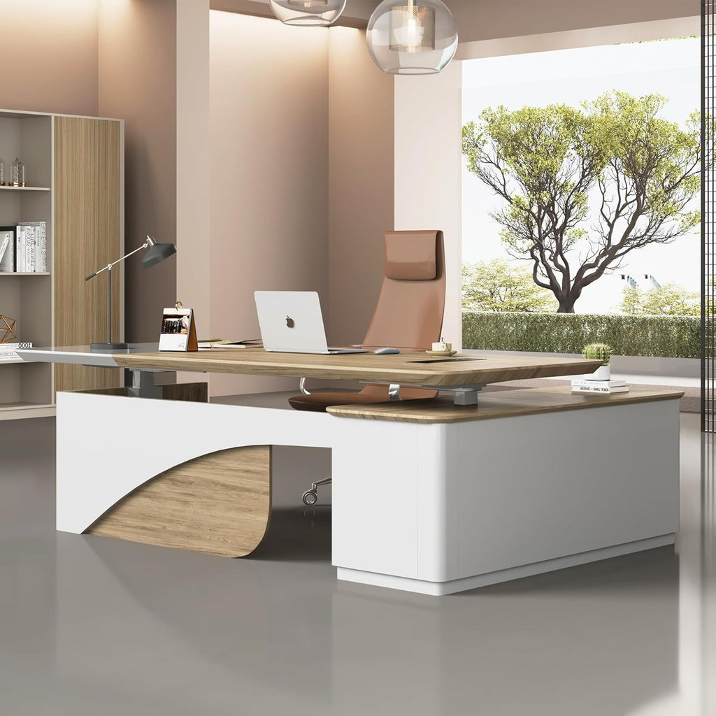 86" L-Shaped Height-Adjustable Executive Desk with Drawers, Shelves & Privacy Divider, Light Walnut Computer Workstation for Home & Office