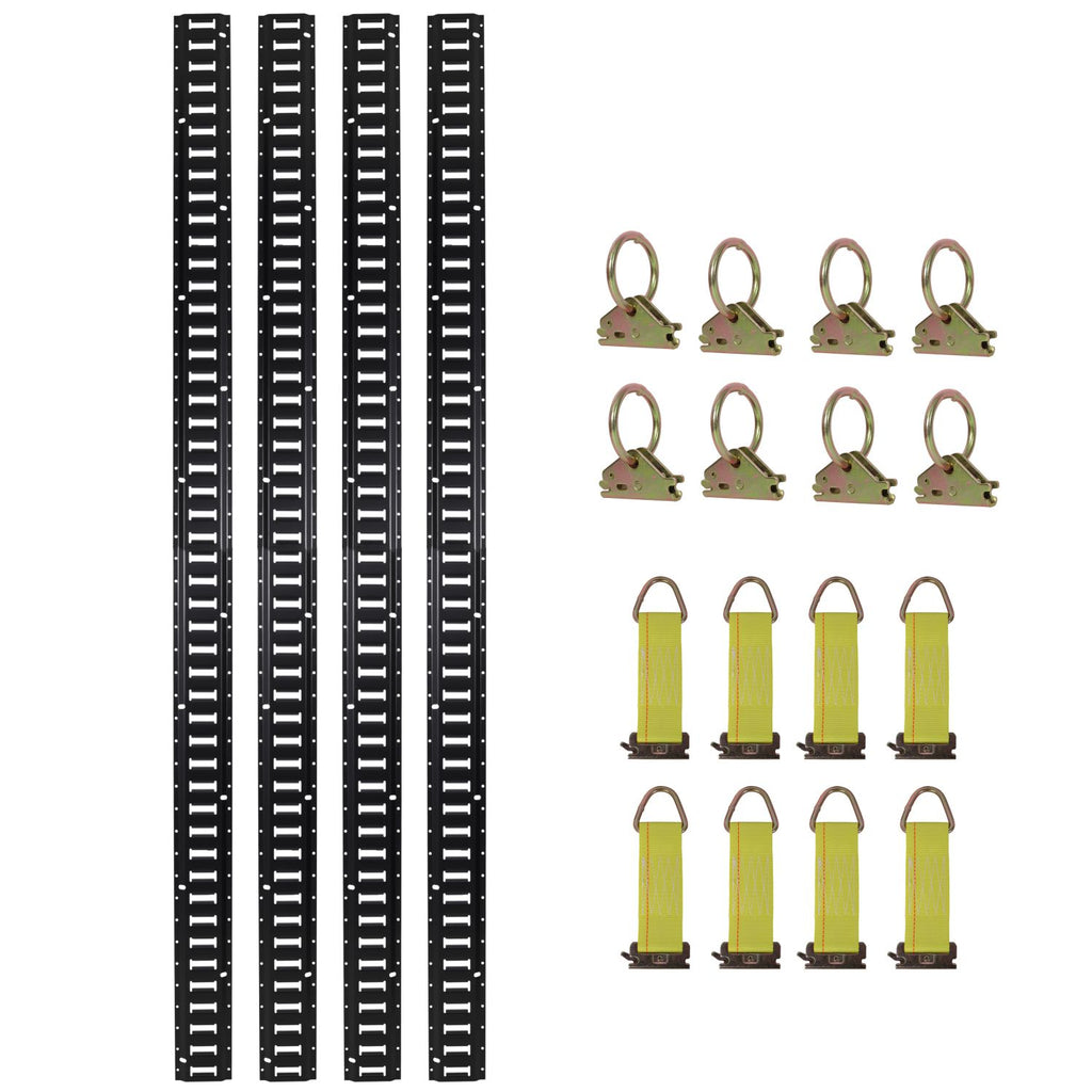 8ft E Track Tie-Down Rail Kit,Indoor E Track 8' (4 Pack) for Garages, Vans, Trailers, Motorcycle Tie Downs, ATV Mountings, 8 x Steel O-Ring Anchors and 8 x Rope Tie Offs,Heavy Loads UP To 2,000lbs