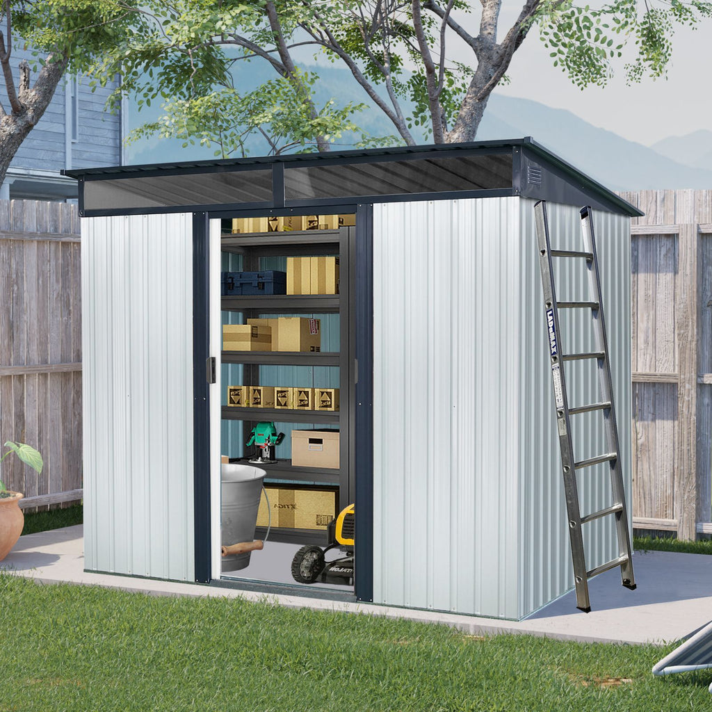 8ft x 6ft Outdoor Metal Storage with Lockable Sliding Doors and Transparent plate for Garden, Lawn (White and Black)