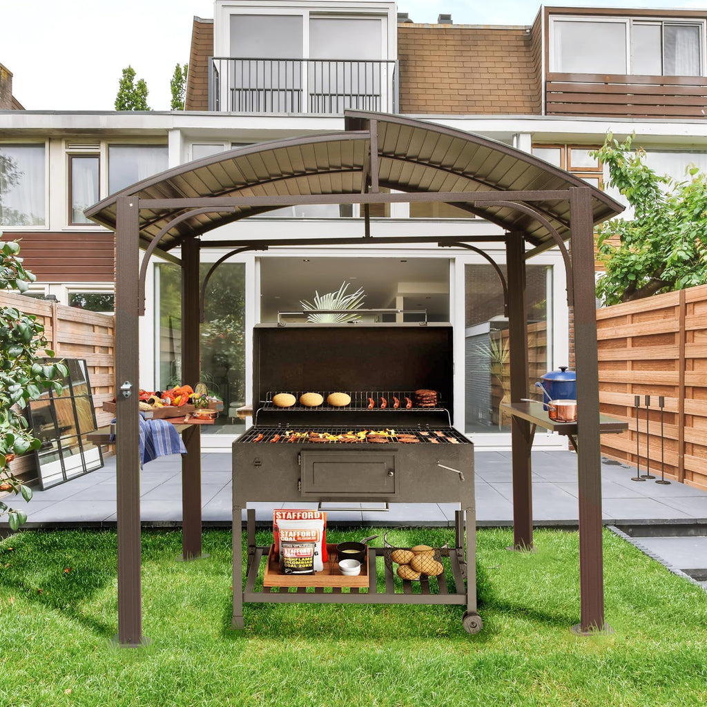 8x5FT Arc Roof, Grill Canopy for Outdoor Grill w/Double Galvanized Steel Roof and 2 Side Shelves, BBQ Gazebo Grill Tent for Patio Garden Backyard, Brown
