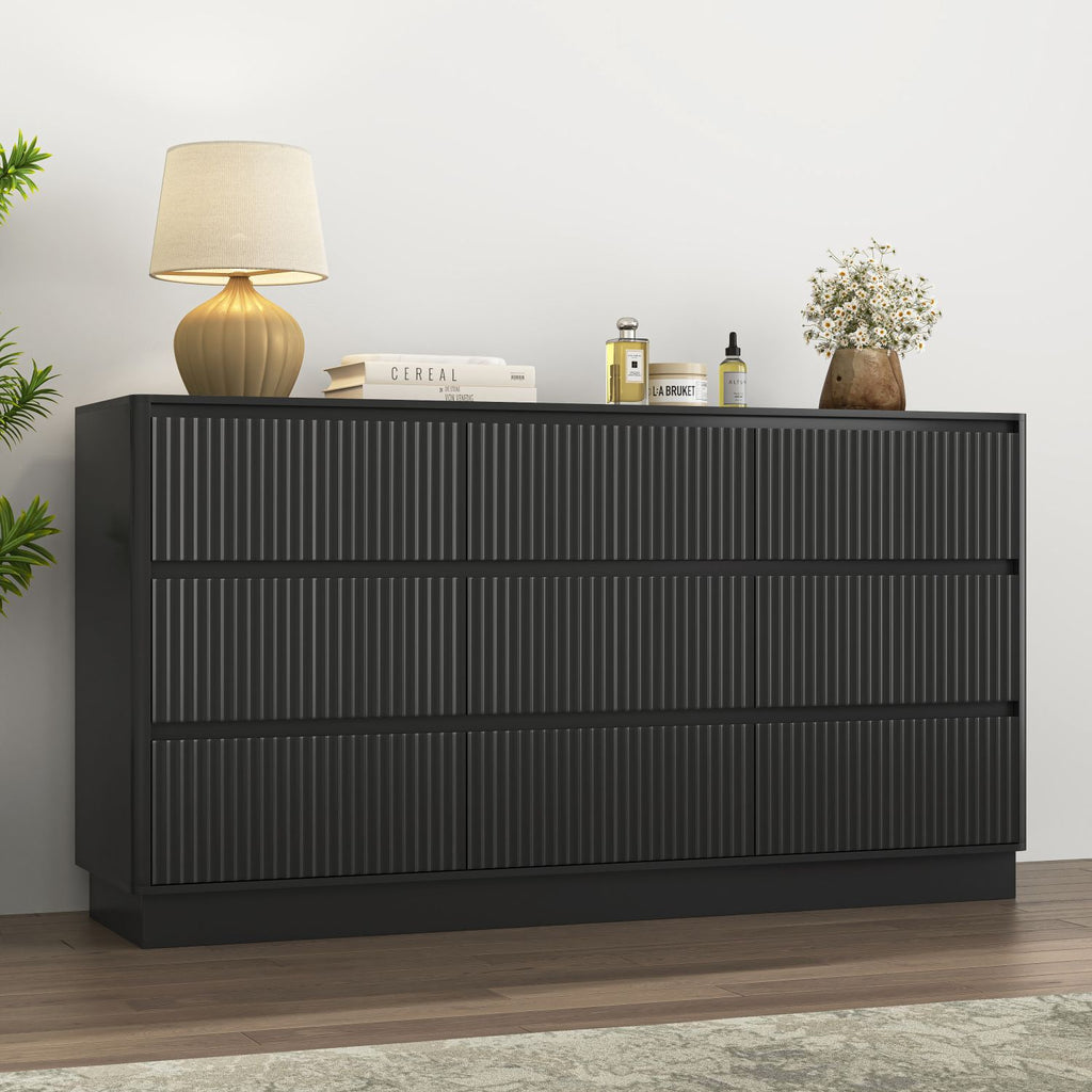 9 Drawer Dresser for Bedroom with large Drawers, Wood Dresser, Large Floor Chest of Drawers, Modern Long TV Stand, Mid Century Storage Cabinet Side Table, Black