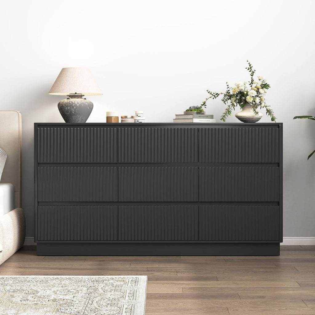 9 Drawer Dresser for Bedroom with large Drawers, Wood Dresser, Large Floor Chest of Drawers, Modern Long TV Stand, Mid Century Storage Cabinet Side Table, Black