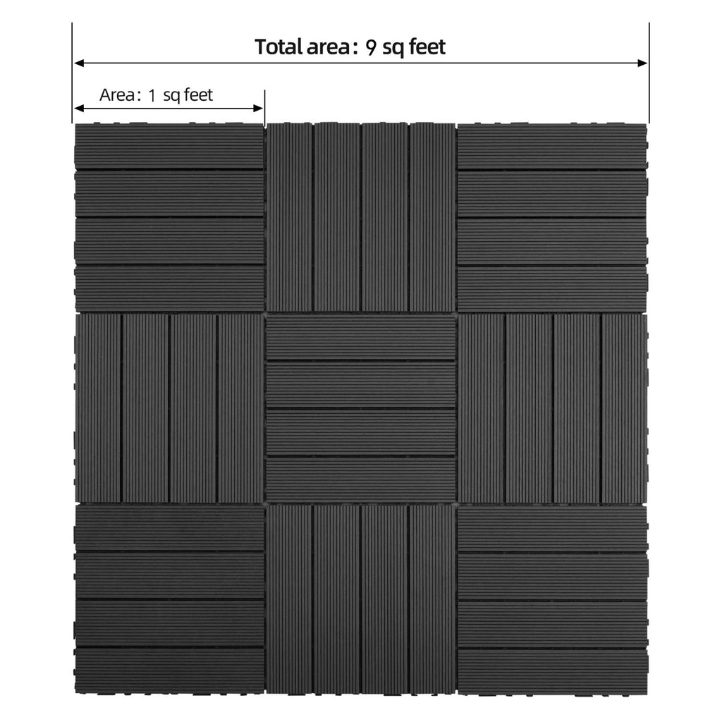 9 PCS 23.4 lb heavy-duty & recyclable Wood-Plastic DIY Interlocking Deck Tiles 12" x 12"- Waterproof Outdoor and Indoor Flooring for Patio, Balcony, Porch, Backyard, Bedroom (Black)