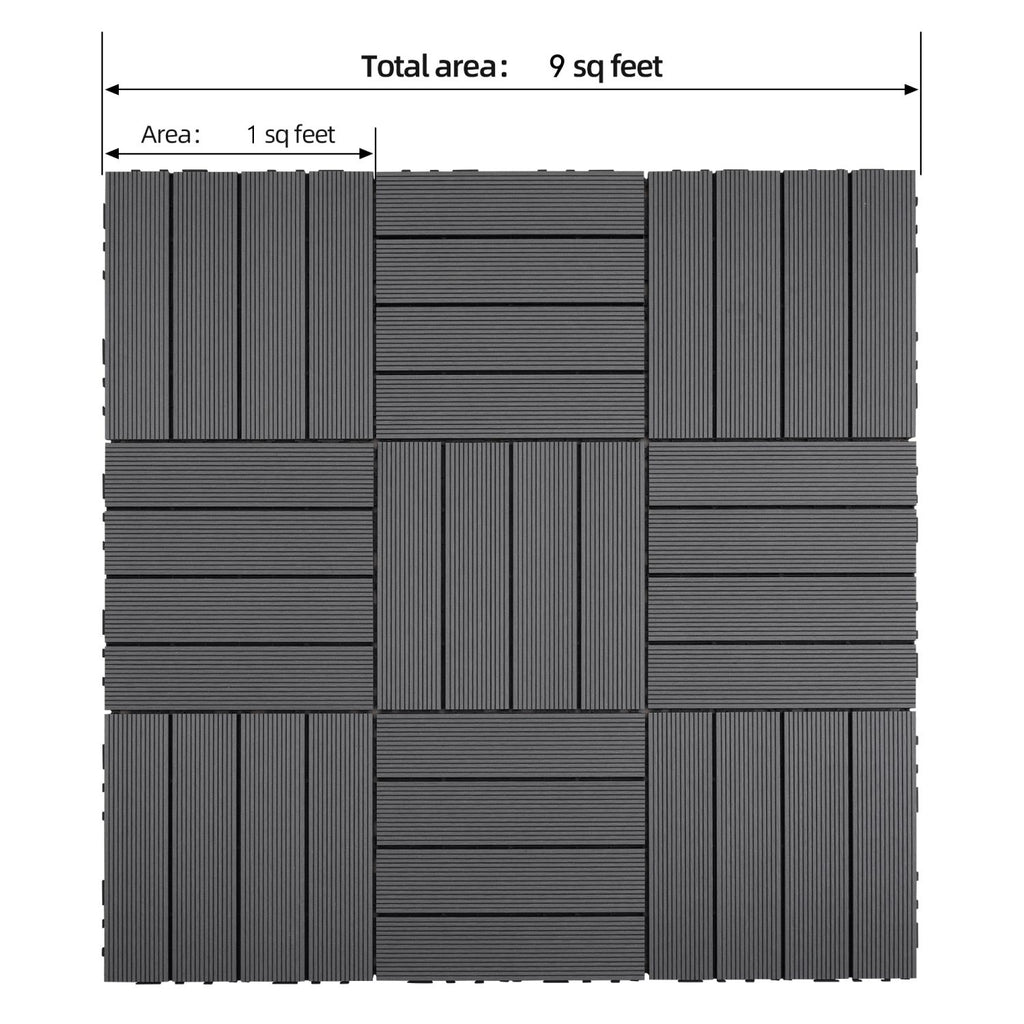 9 PCS 23.4 lb heavy-duty & recyclable Wood-Plastic DIY Interlocking Deck Tiles 12" x 12"- Waterproof Outdoor and Indoor Flooring for Patio, Balcony, Porch, Backyard, Bedroom (Gray)