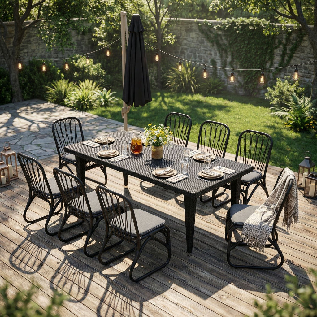9 PCS Outdoor Wicker Dining Set , 73.50" Large Modern Rattan Table and Chairs for 8 for Patio, Deck, Backyard, Porch,Brown&Black