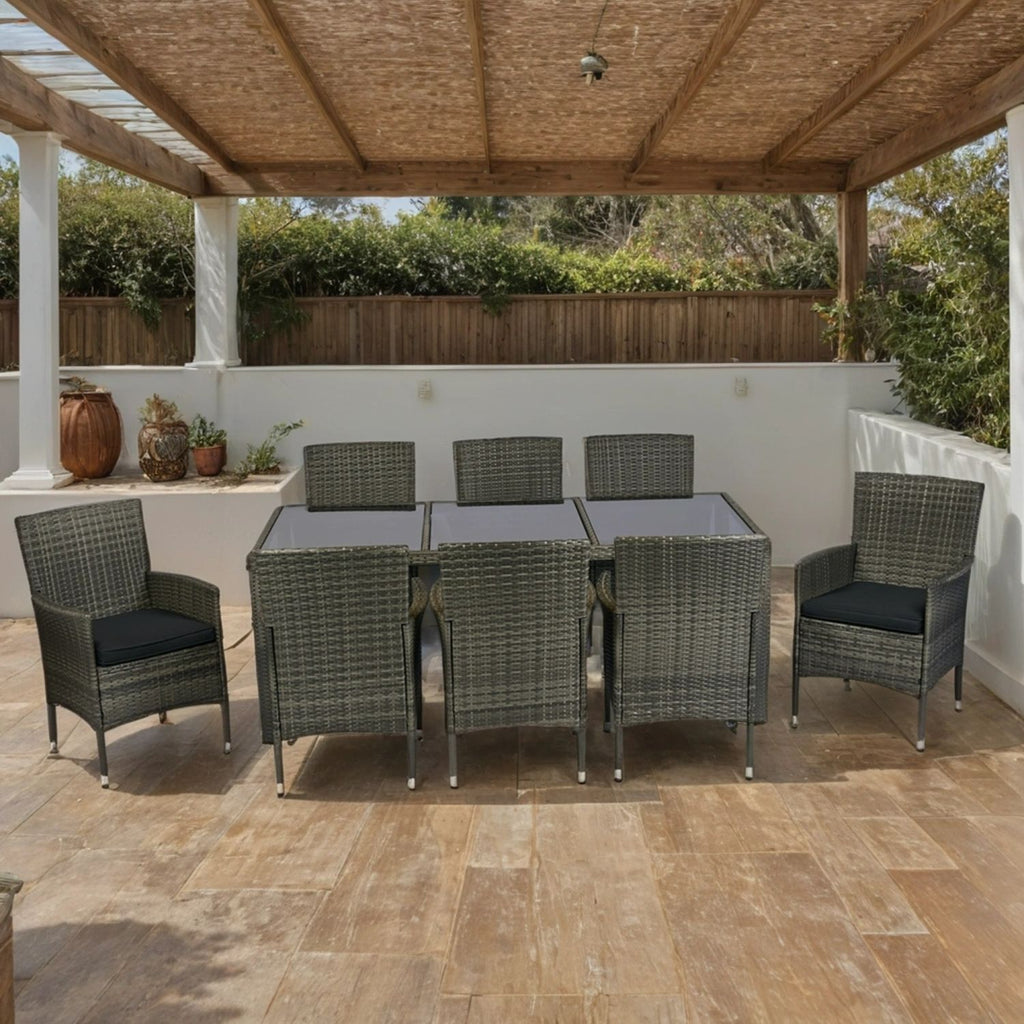 9 piece Outdoor Patio Wicker Dining Set Patio Wicker Furniture Dining Set Glass Top Grey Wicker + Black Cushion