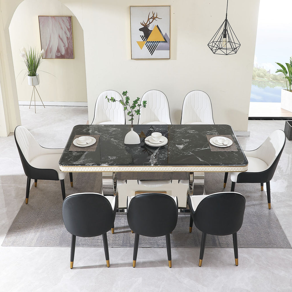 9 Pieces Luxury Black Dining Table Set, Modern 79" Rectangular Kitchen Table of 8 with Marble Top & Silver Stainless Steel Dual Circle Base, Dining Room Table for with 8 PU Leather Chairs