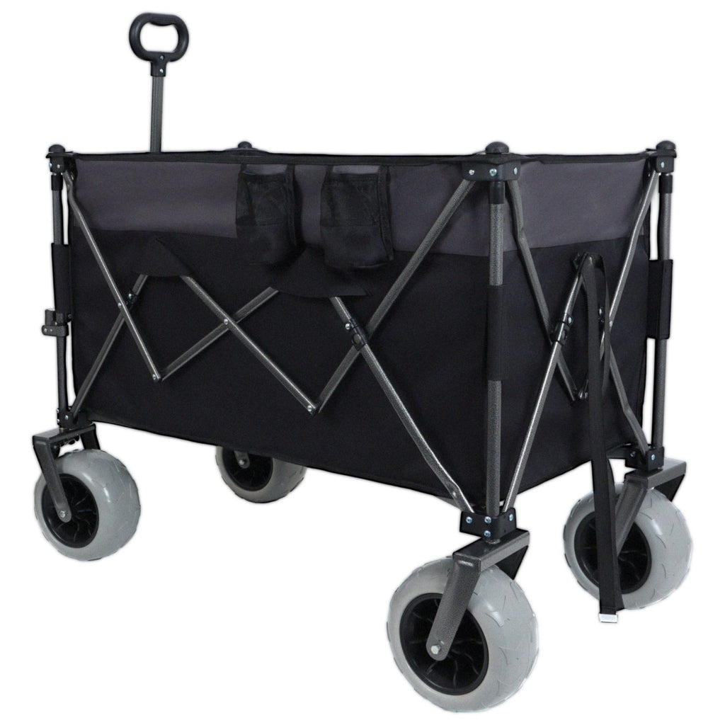 9" x 4" All-Terrain Balloon Wheels! 300L XL Heavy-Duty Folding Wagon Cart - 480lbs Capacity, Conquers Sand & Rough Terrain, w/Brakes, Pockets, Cup Holders, Black/Gray
