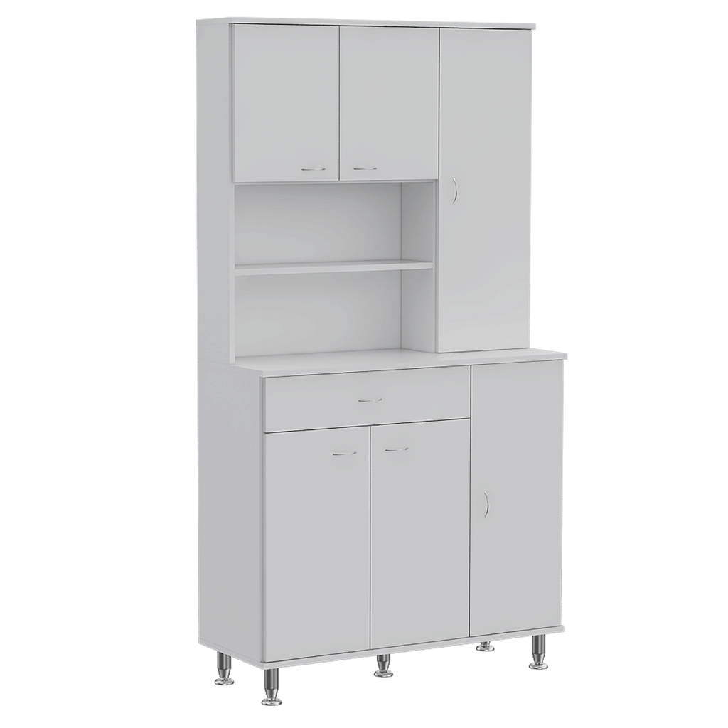 90 Kitchen Pantry Cabinet, Two Open Shelves, One Drawer, Multiple Cabinets, White
