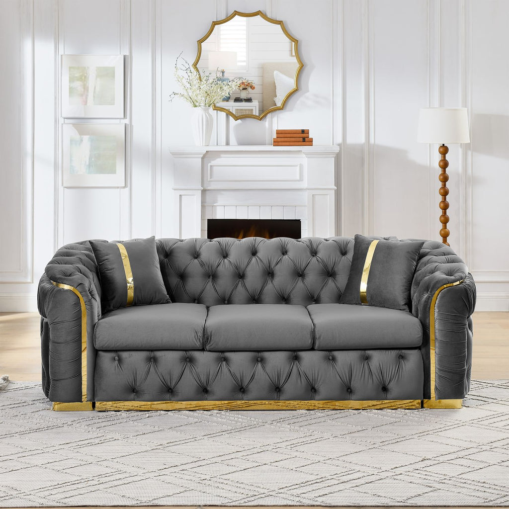 90.6 Inches Velvet Button Tufted Sofa Couch with 2 Pillows, 3 Seater Luxury Chesterfield Sofa Set with Gold Stainless Steel Accents for Living Room, 280g Italian Velvet Gray