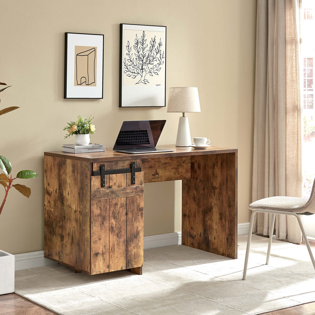 92705 Home Office Desk Distressed Wood One Cabinet Three Shelves Faux Barn Door on Metal Euro Hinges Modesty Panel
