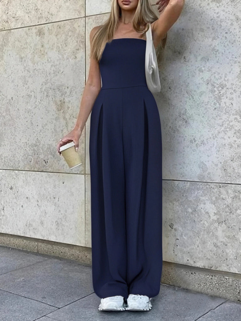 Stylish look featuring the Elegant Women's Backless Off Shoulder Jumpsuit with Pockets, perfect for summer outings.