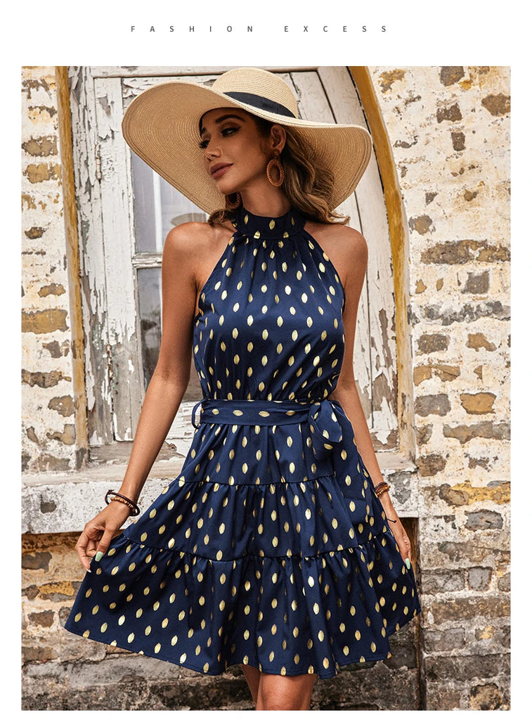 Sleeveless Dot Print Midi Dress With A Line Silhouette