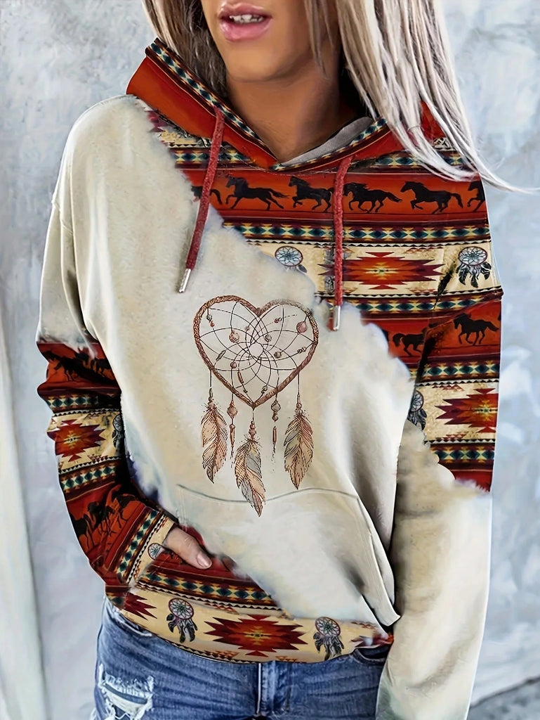 Women Casual Western Ethnic Print Hoodie Pullover Sweater