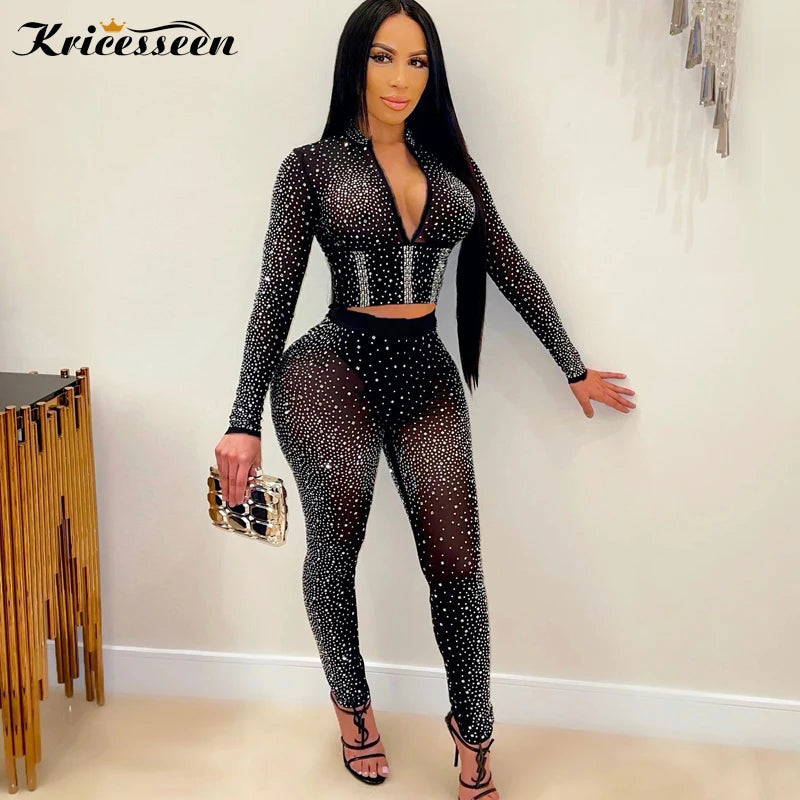 Stylish Sexy Black Diamond Crystal Pant Set for Women with Long Sleeve Zipper Top and Sheer Pants Suit for Parties and Clubs.