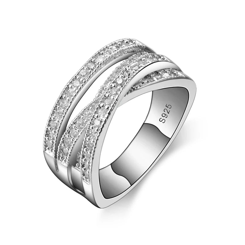 Trendy 925 Sterling Silver Crystal Inlay Cross Ring for Women and Men - Perfect for Weddings and Engagements. Shimmering design.