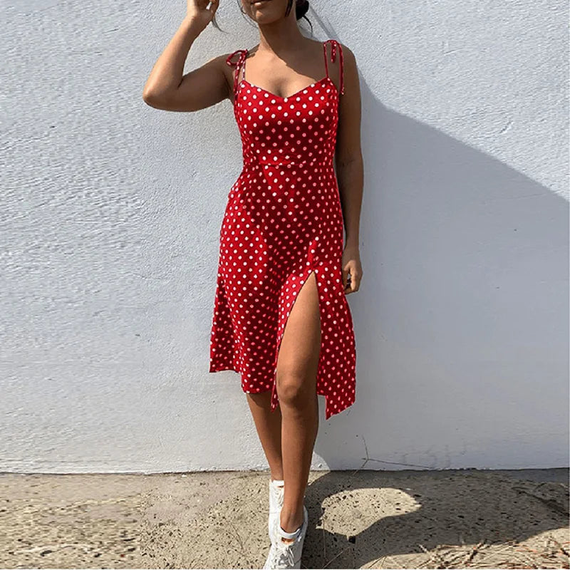 Polka Dot Sleeveless Sundress With Elastic Waist V Neck