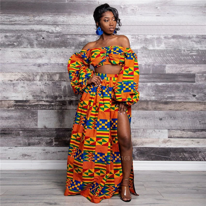 Women’s Autumn African Dashiki 2-Piece Set Full Sleeve Off Shoulder Top with Feather Print and Split Skirt Traditional Ethnic Clothing