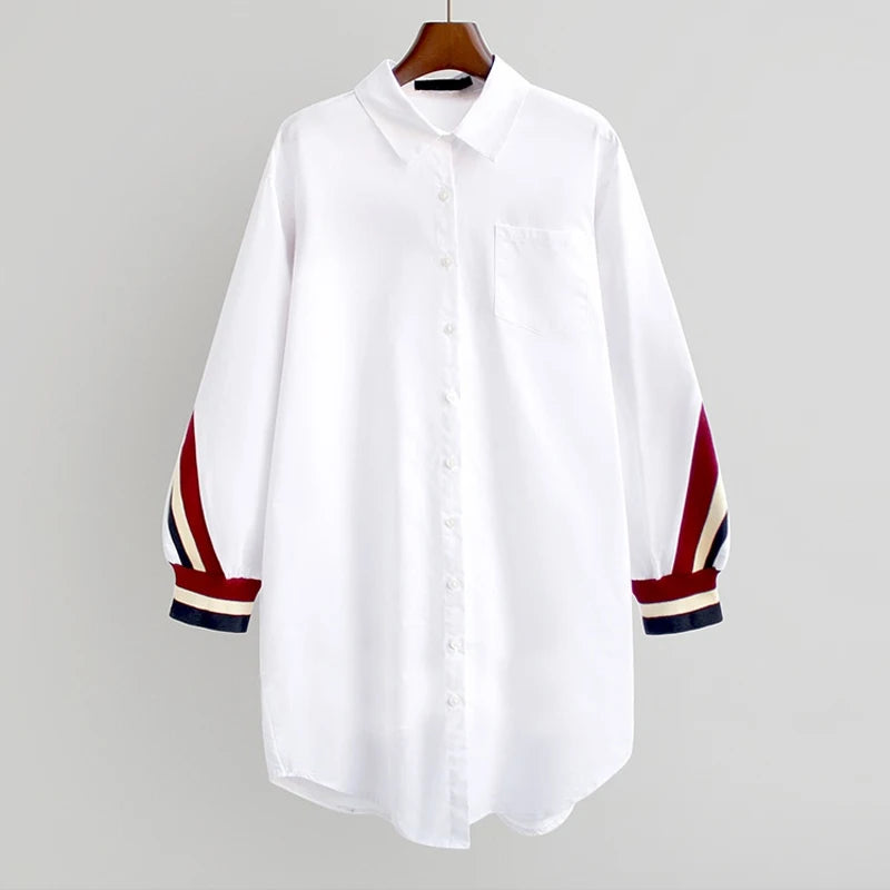 Stylish White Oversized Loose Button-Up Stripe Bandage Shirt for Women, Long Sleeve Turn-Down Collar, Plus Size Top.