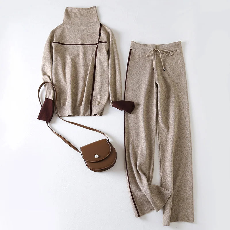 Two Piece Knitted Sweater Set For Women, Long Sleeve Pullover And Wide Leg Pants, Warm Autumn Winter Tracksuit