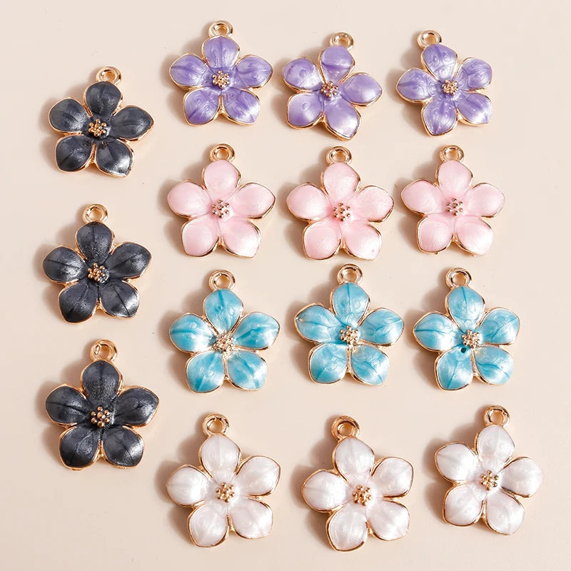 Colorful 10 Pieces 17x15mm Cute Enamel Flower Charms for Jewelry Making and DIY Accessories, perfect for creative projects.