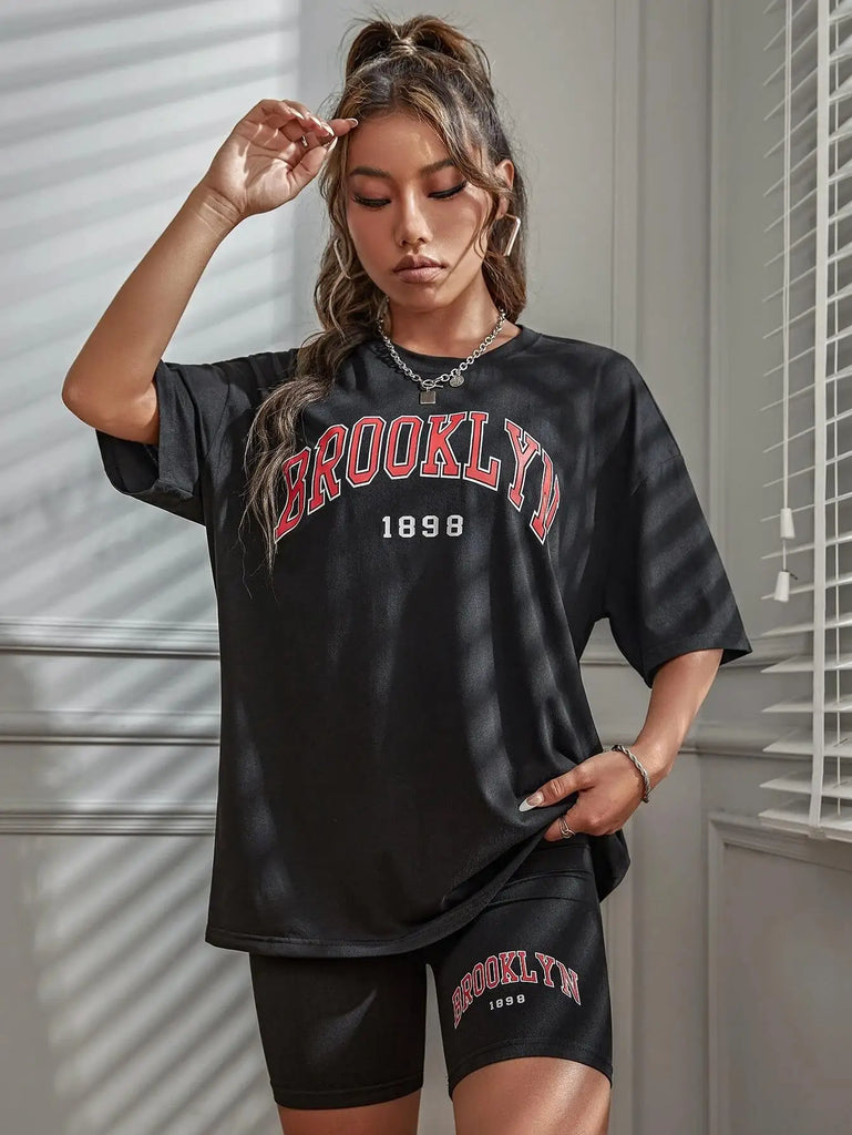 Stylish Brooklyn 1898 New York City Letter Graphic Cotton T-Shirt and Oversized Shorts Two-Piece Summer Casual Set for Women S-XL.