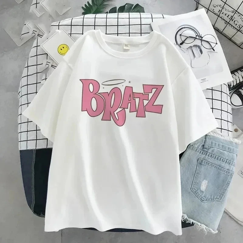 Bratz Hip Hop Short Sleeve Cotton T-shirt for Women and Girls with Trendy Letter Print