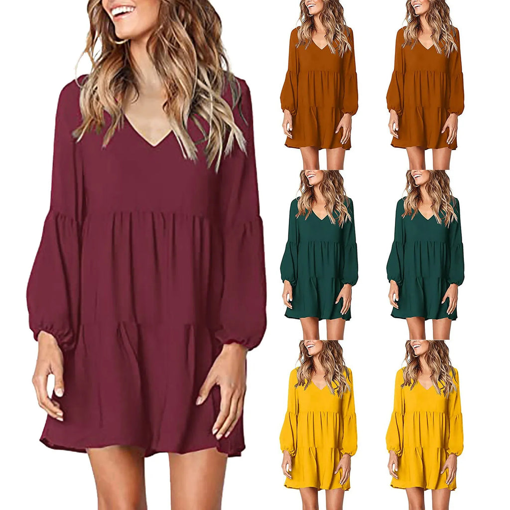 Women's V Neck Long Sleeve Casual Dress for Autumn Winter