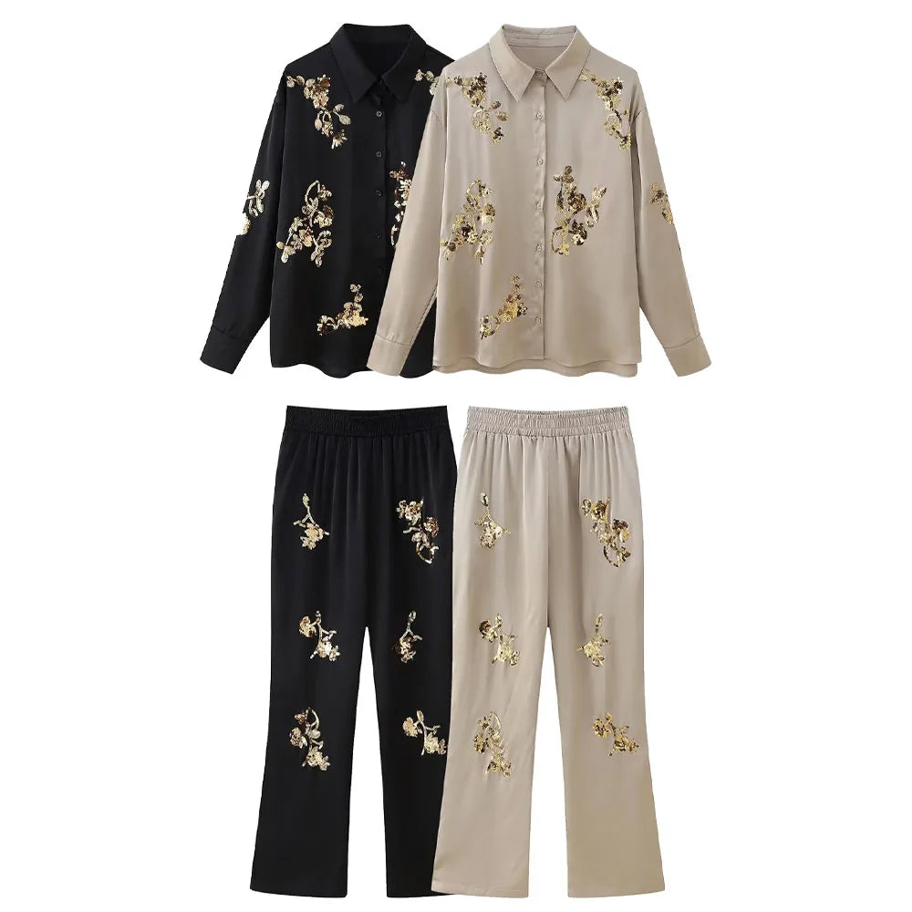 Women's Satin Texture Sequined Embroidered Shirt and High Waist Long Pants Set Elegant Heavy Industry Design Slimming Fit for Office and Casual Wear