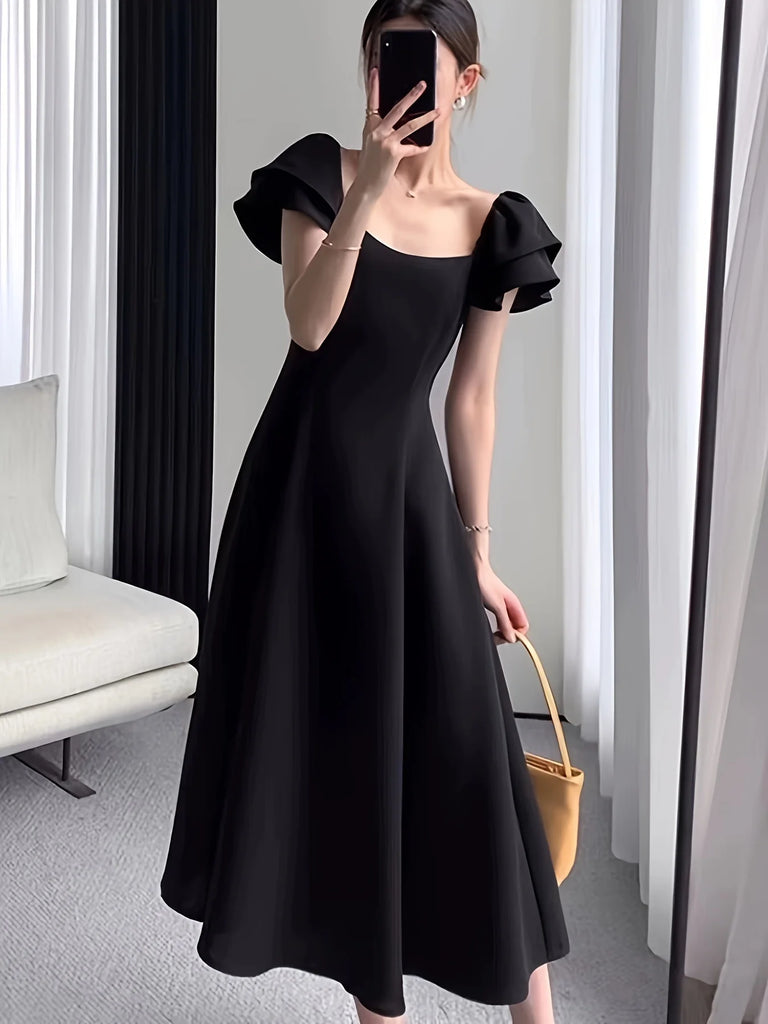 Square Neck Dress With Flutter Sleeves For Spring And Summer